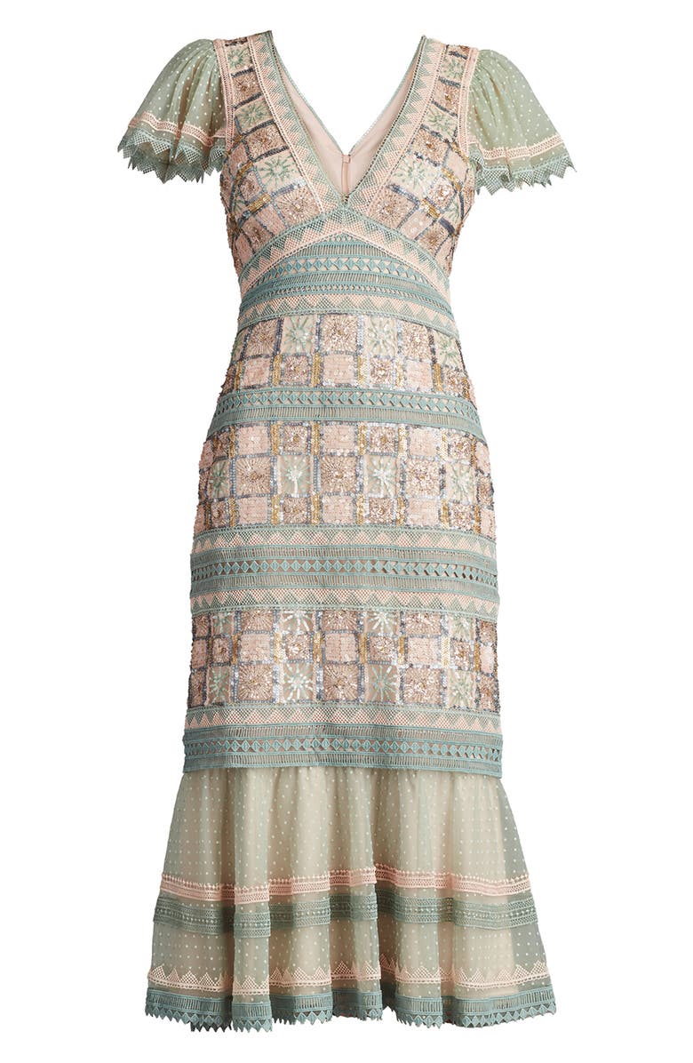 Tadashi Shoji Belle Sequin & Lace Detail Cocktail Midi Dress, Alternate, color, Sage/ Adobe Blush Multi