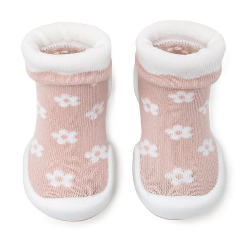 Baby Girl First Walk Sock Shoes Daisies - Mauve