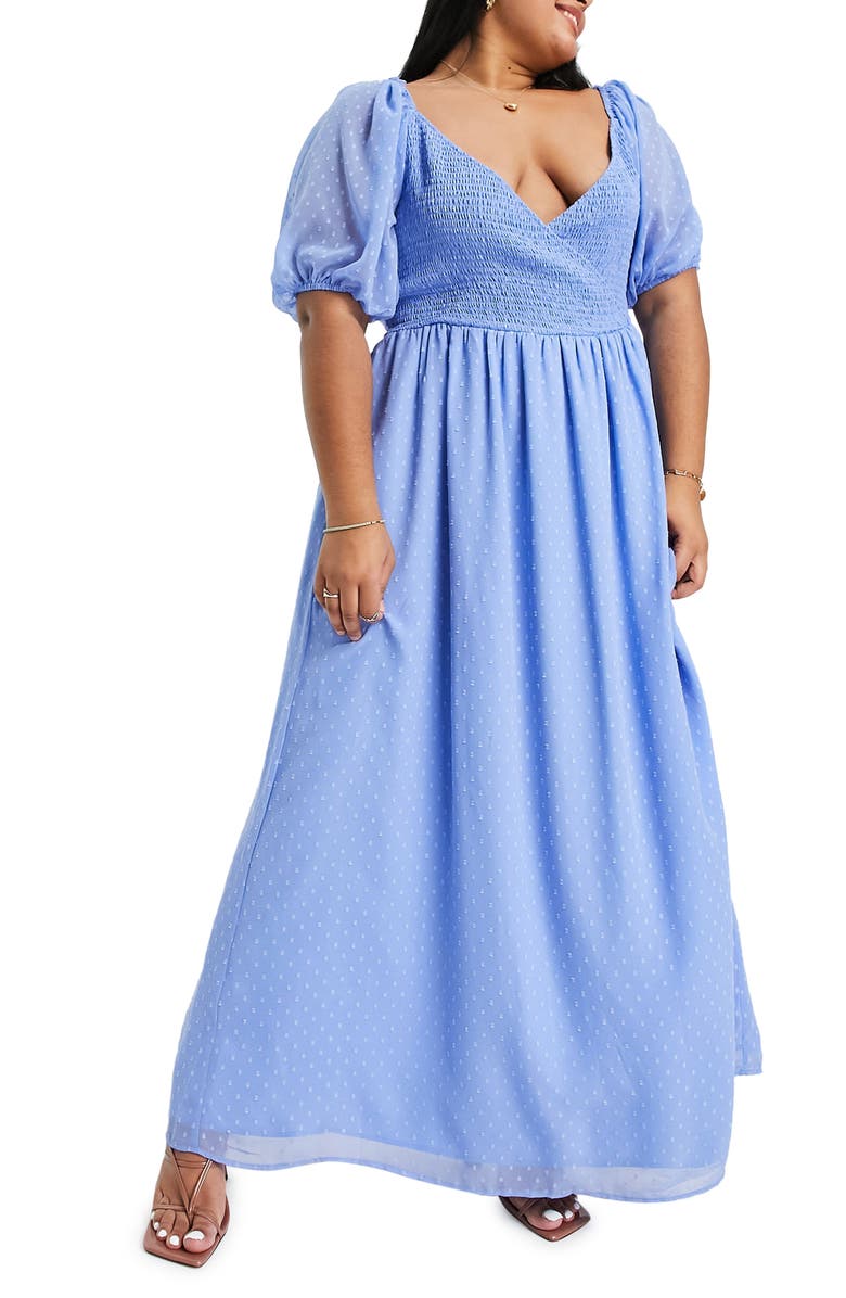 ASOS DESIGN Swiss Dot Smocked Bodice Chiffon Maxi Dress, Main, color, 