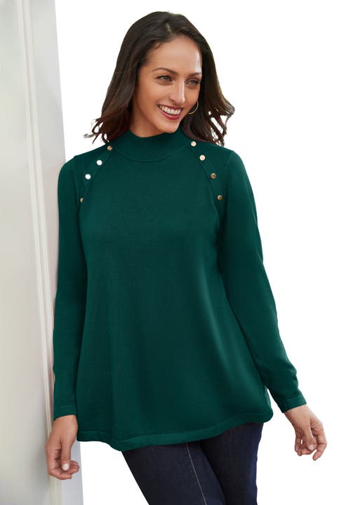 Jessica London Gold Button Mockneck Sweater In Green