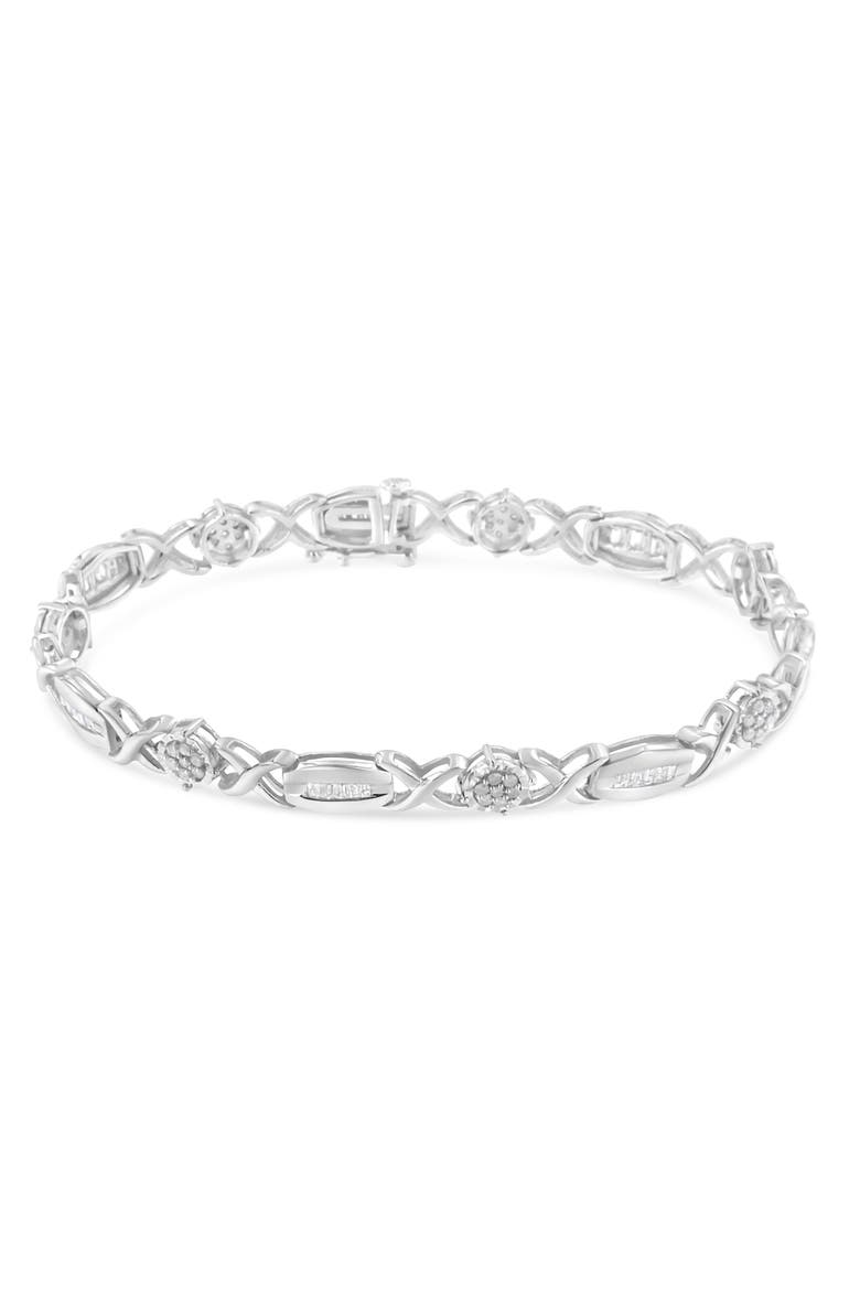 Silver 1.0 Cttw Round-Cut and Baguette-Cut Diamond X-Link Bracelet, Alternate, color, White