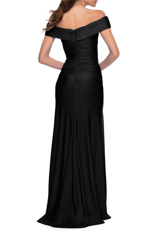 La Femme Off The Shoulder Chic Jersey Gown With Ruching