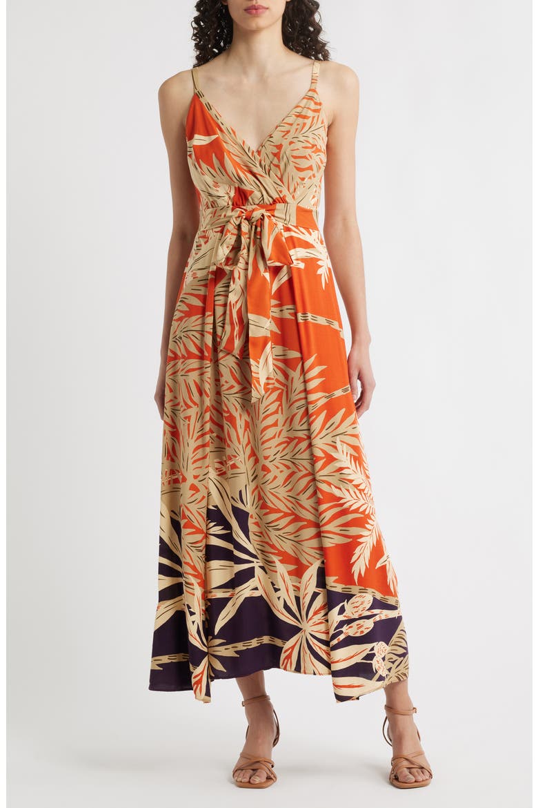 Palm Print Belted Maxi Dress, Main, color, CAFE