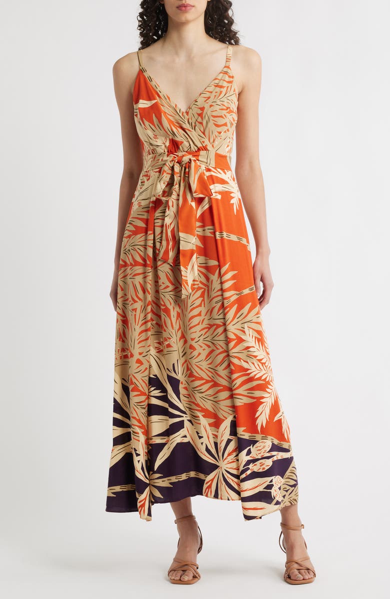 Halogen<sup>®</sup> Palm Print Belted Maxi Dress, Main, color, Cafe