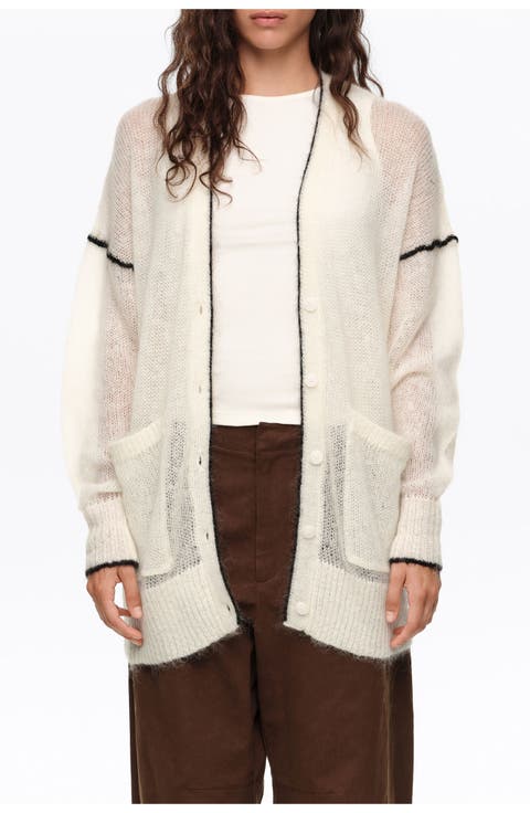 Long Mohair Cardigan with Contrast Trim