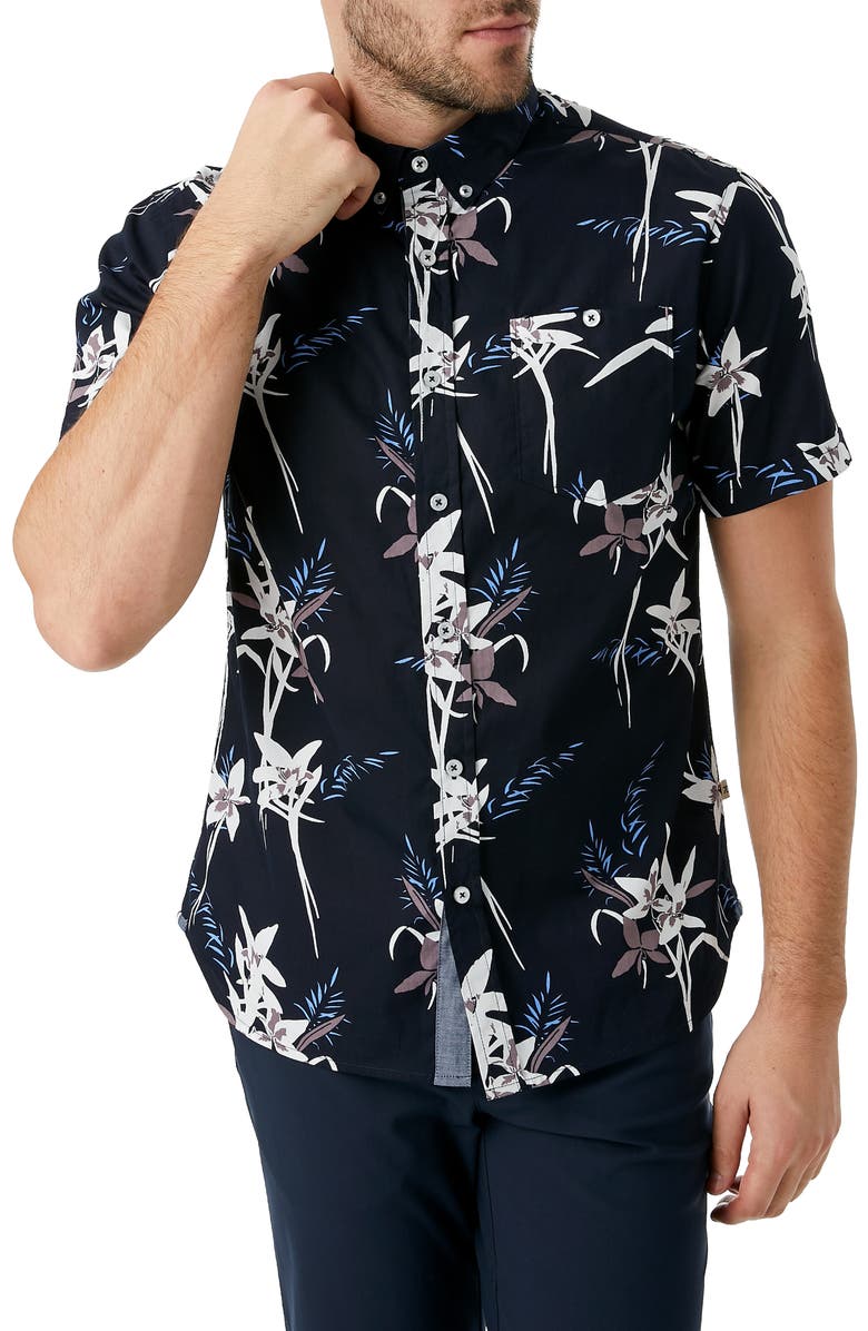 7 Diamonds Midnight Hour Slim Fit Tropical Short Sleeve Button-Down Shirt, Main, color,