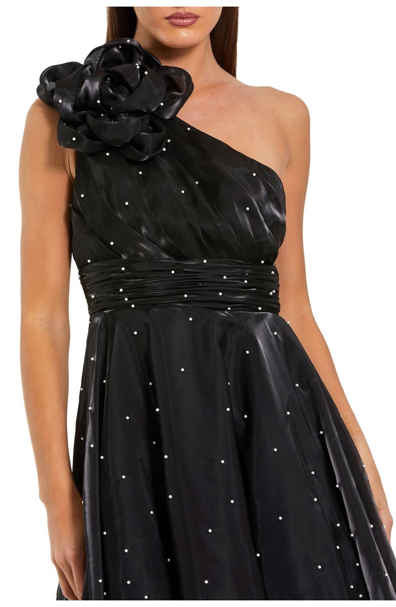 Mac Duggal Pearl Beaded Organza One Shoulder Midi Dress, Alternate, color, Black Ivory