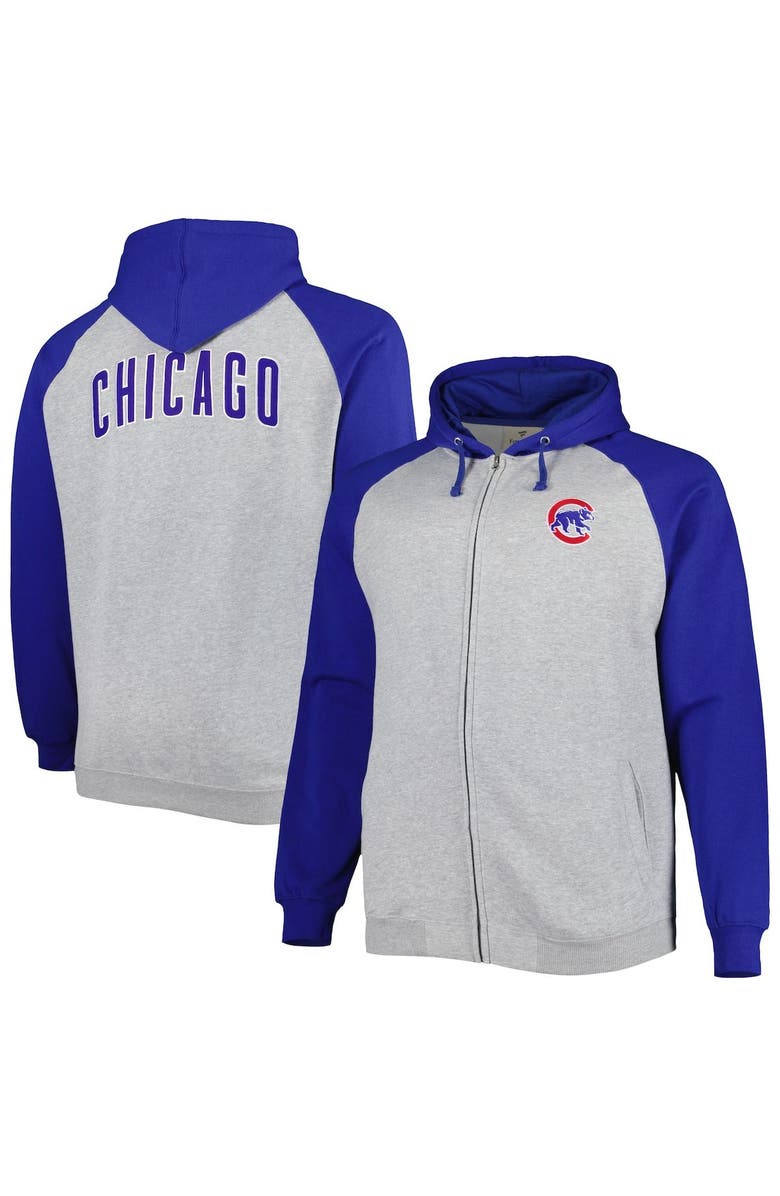 PROFILE Men's Heather Gray/Royal Chicago Cubs Big & Tall Raglan Hoodie Full-Zip Sweatshirt, Alternate, color, 