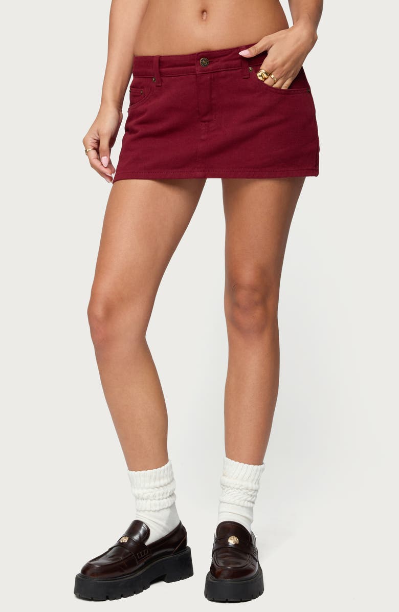 EDIKTED Camelia Low Rise Denim Miniskort, Main, color, Burgundy