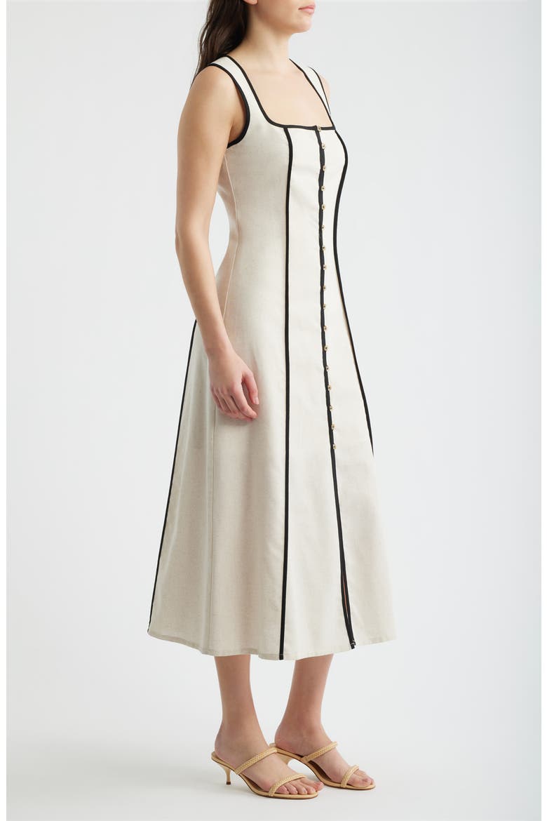 Contrast Piping Square Neck Button-Up Midi Dress, Alternate, color, NATURAL
