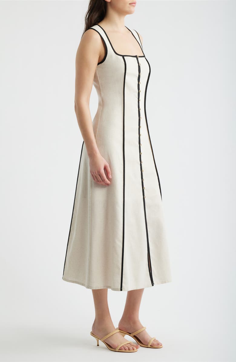 ZOE AND CLAIRE Contrast Piping Square Neck Button-Up Midi Dress, Alternate, color, Natural