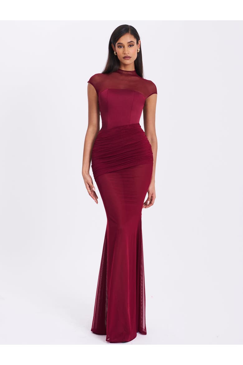 Fabienne Mesh Cap Sleeve Mermaid Gown, Alternate, color, Burgundy