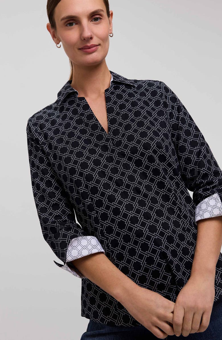 Foxcroft Taylor Geo Print Cotton Button-Up Shirt, Alternate, color, Black/ White