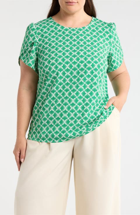 Print Tulip Sleeve Knit Top (Plus)