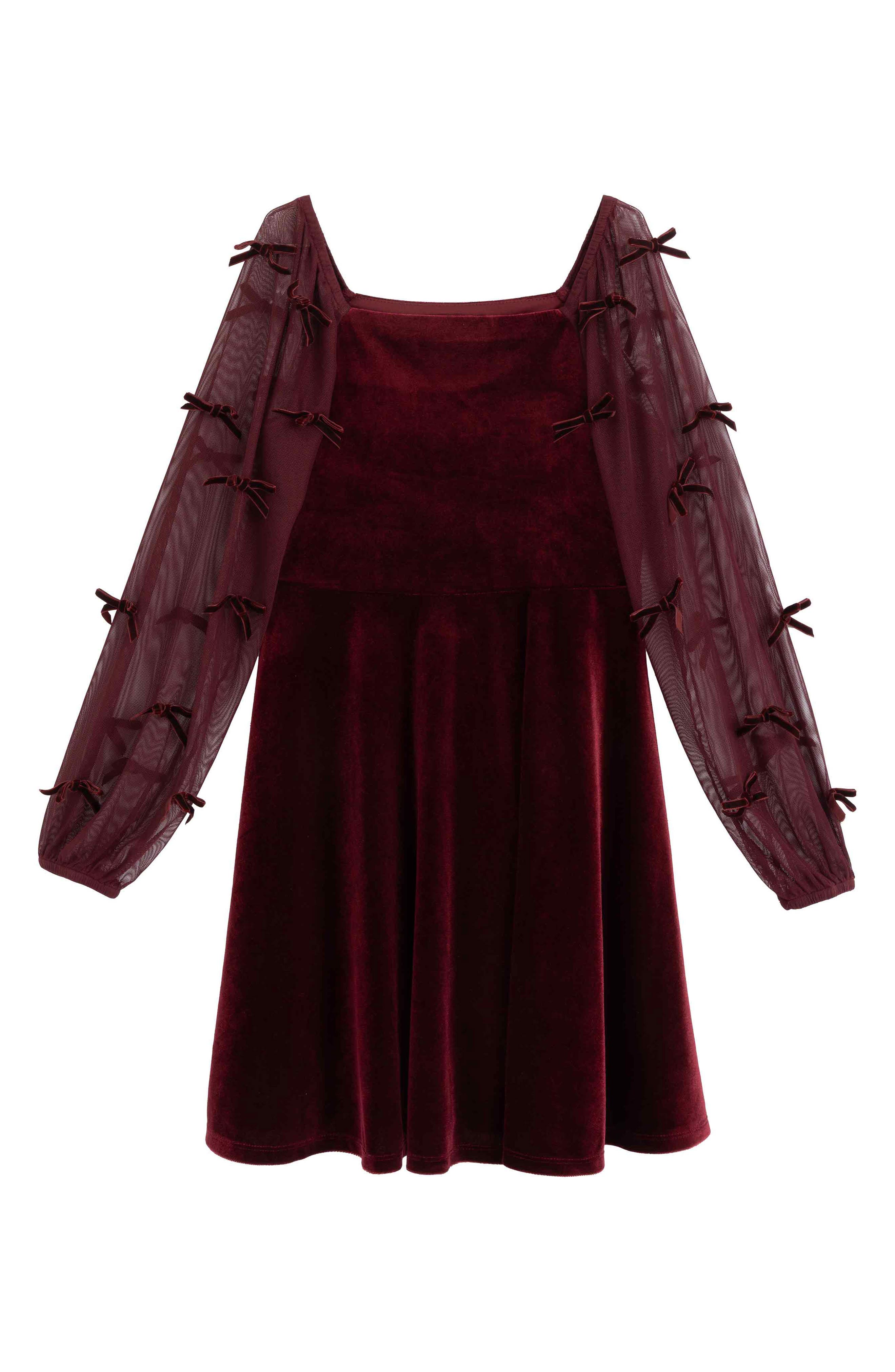 Kids' Bow Detail Sheer Sleeve Velvet Skater Dress