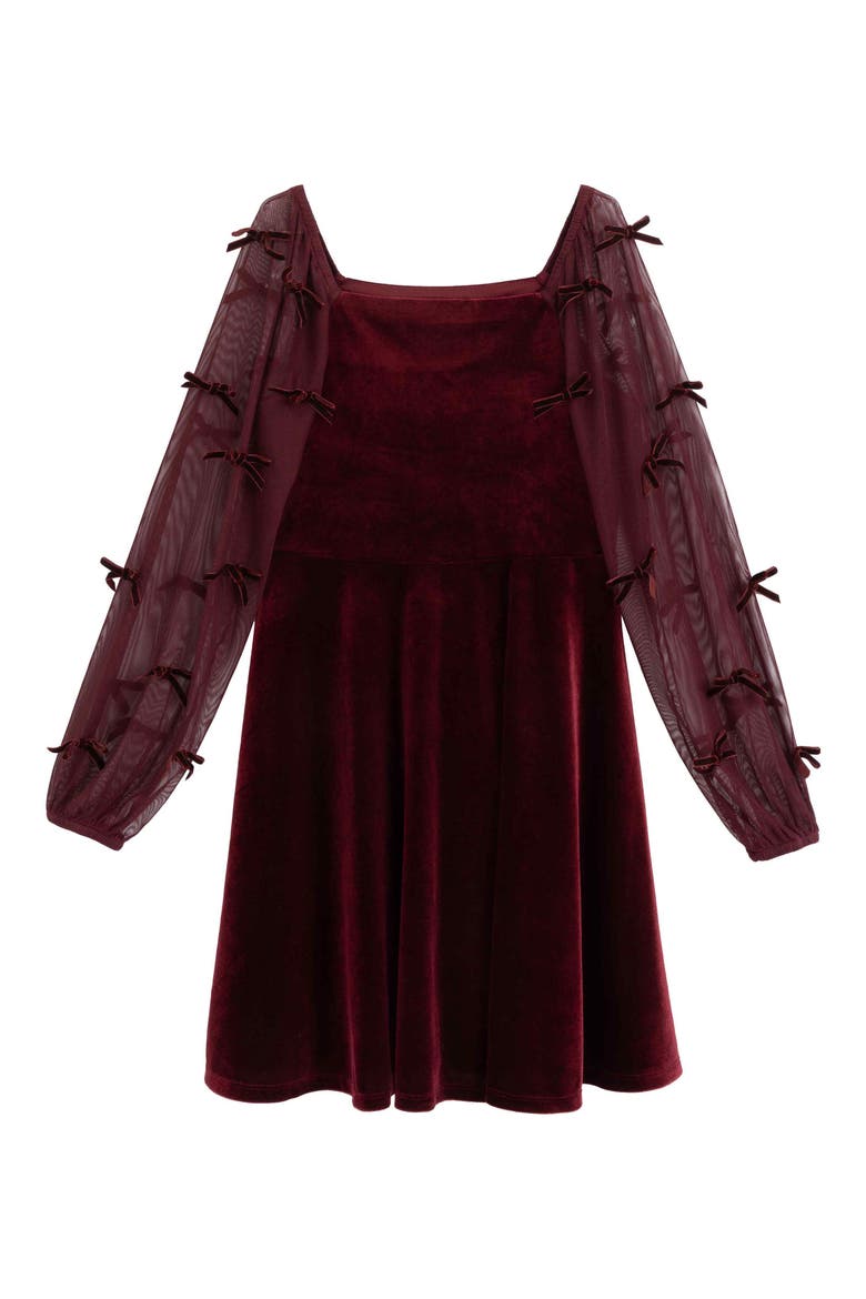 Kids' Bow Detail Sheer Sleeve Velvet Skater Dress, Main, color, BURGD