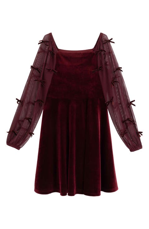 Kids' Bow Detail Sheer Sleeve Velvet Skater Dress