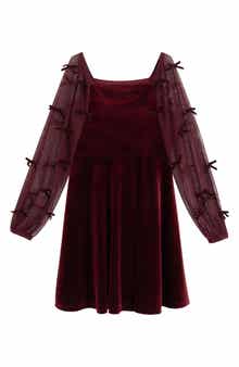 Kids' Bow Detail Sheer Sleeve Velvet Skater Dress