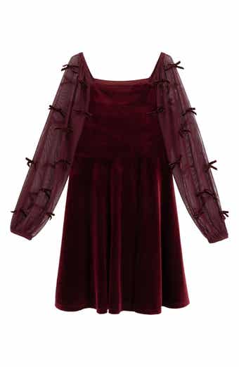 Kids' Bow Detail Sheer Sleeve Velvet Skater Dress