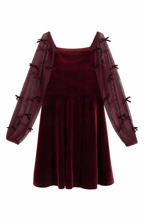 Kids' Bow Detail Sheer Sleeve Velvet Skater Dress