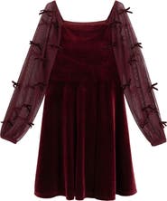 Speechless Kids' Bow Detail Sheer Sleeve Velvet Skater Dress