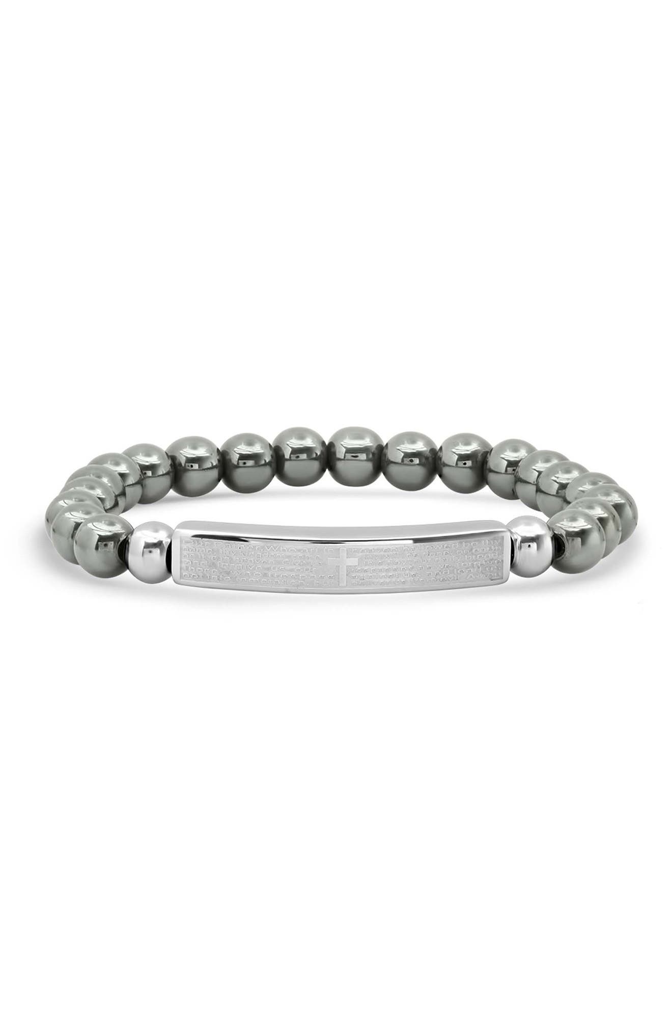 STEELTIME Men's Lord's Prayer Stainless Steel Bar & Hematite Beaded Bracelet