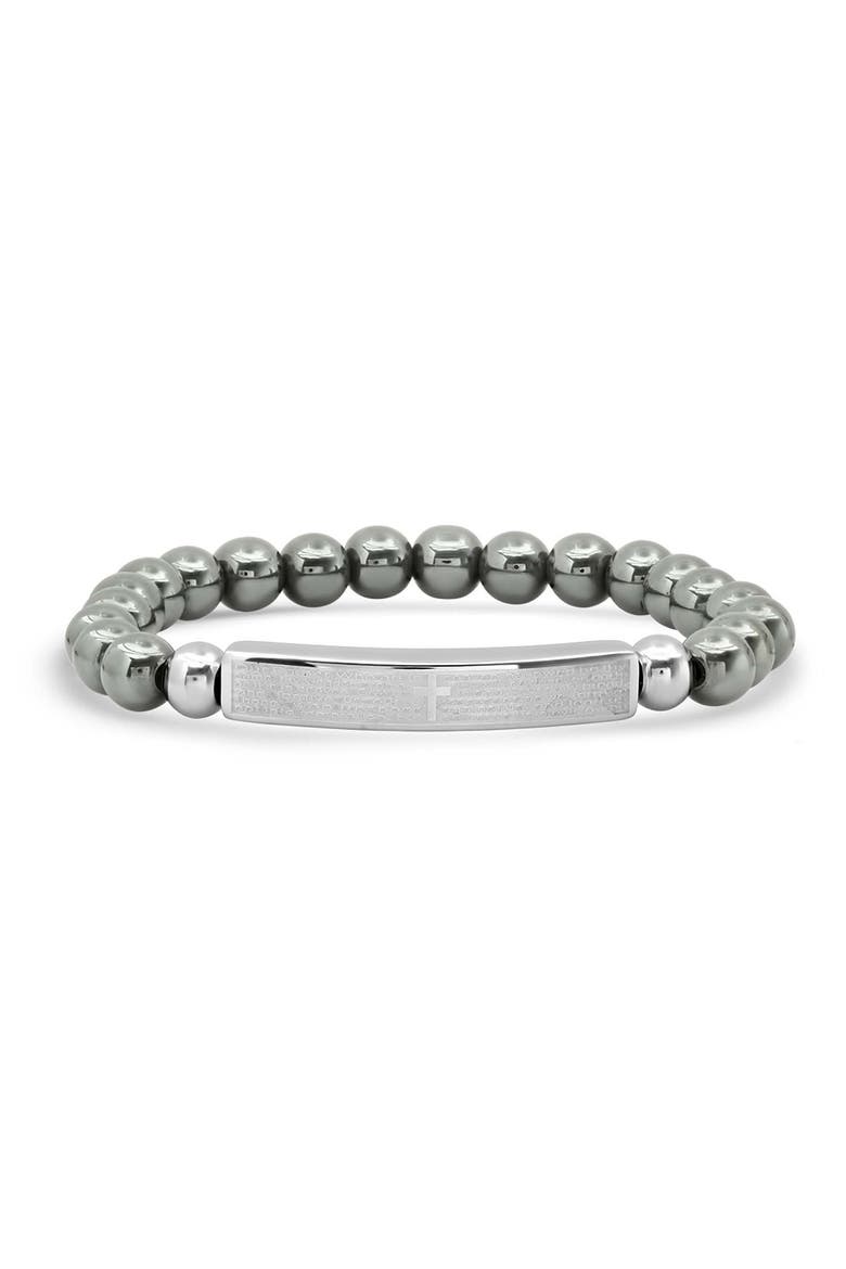 Men's Lord's Prayer Stainless Steel Bar & Hematite Beaded Bracelet, Main, color, SILVER/ GRAY