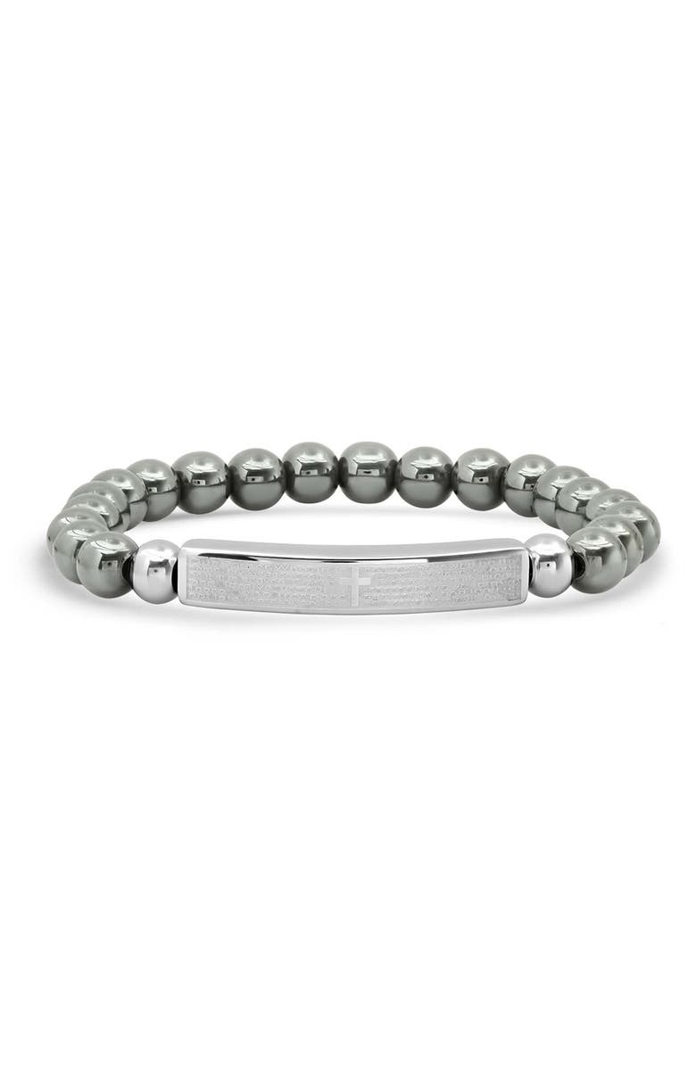 STEELTIME Men's Lord's Prayer Stainless Steel Bar & Hematite Beaded Bracelet, Main, color, Silver/ Gray