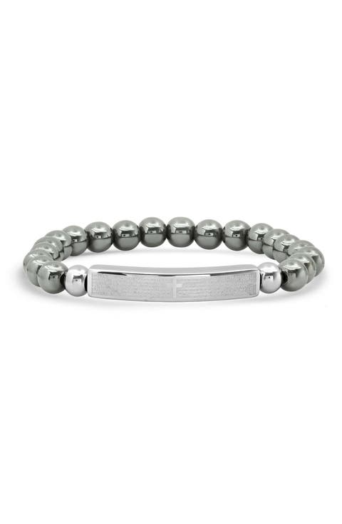 Men's Lord's Prayer Stainless Steel Bar & Hematite Beaded Bracelet