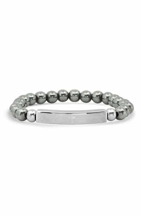 STEELTIME Men's Lord's Prayer Stainless Steel Bar & Hematite Beaded Bracelet