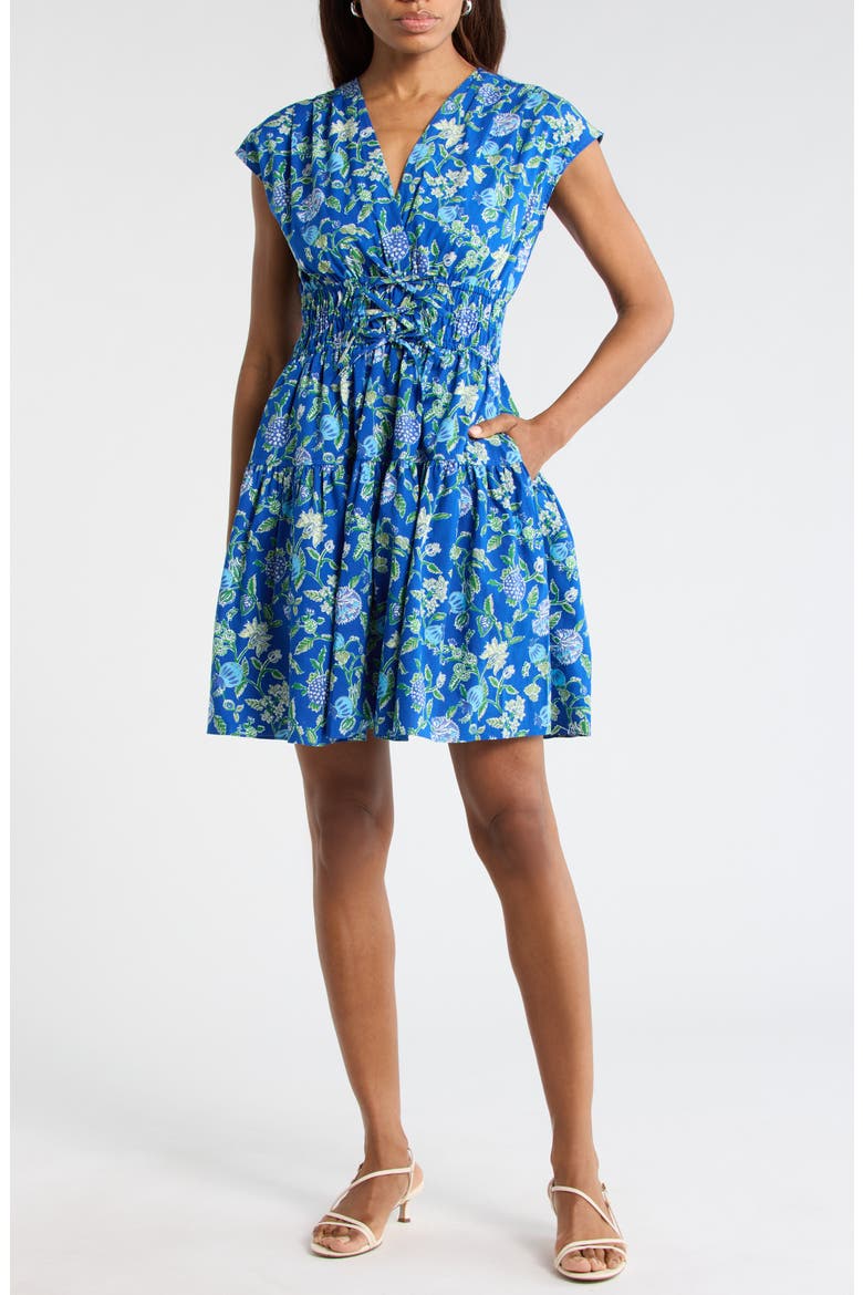 Tora Floral Print Shirred Dress, Main, color, BLUE VINES