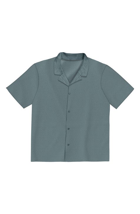 Checkbox Short Sleeve Stretch Button-Up Shirt