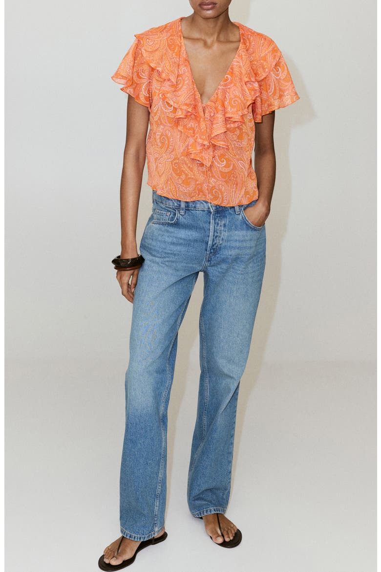 Ruffled Printed Top, Alternate, color, ORANGE