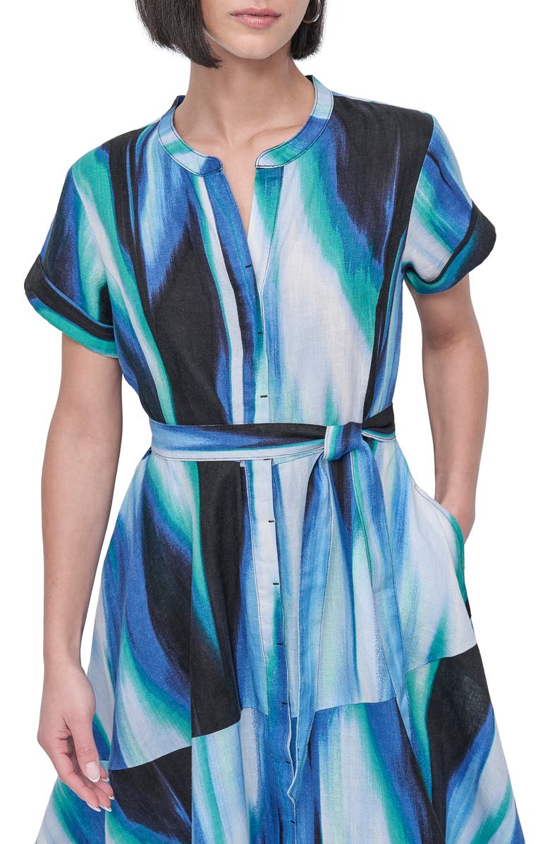 DKNY Print Tie Waist Linen Midi Dress, Alternate, color, Caribbean