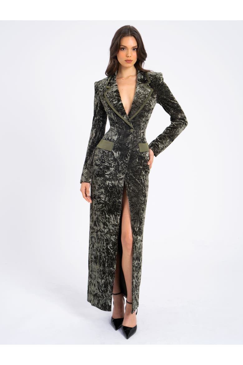 Willow Glossy Stretch Velvet High Slit Blazer Coat, Alternate, color, Green
