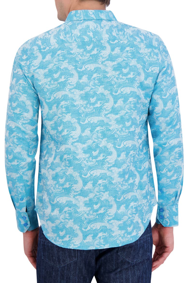 Poseidon Linen & Cotton Jacquard Button-Up Shirt, Alternate, color, TURQUOISE