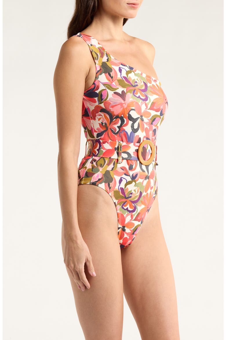 One-Shoulder O-Ring One-Piece Swimsuit, Alternate, color, CORAL PAINTED LUSH TROPICAL