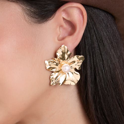 Jessica Simpson Statement Flower Earrings With Pearl Center In Gold