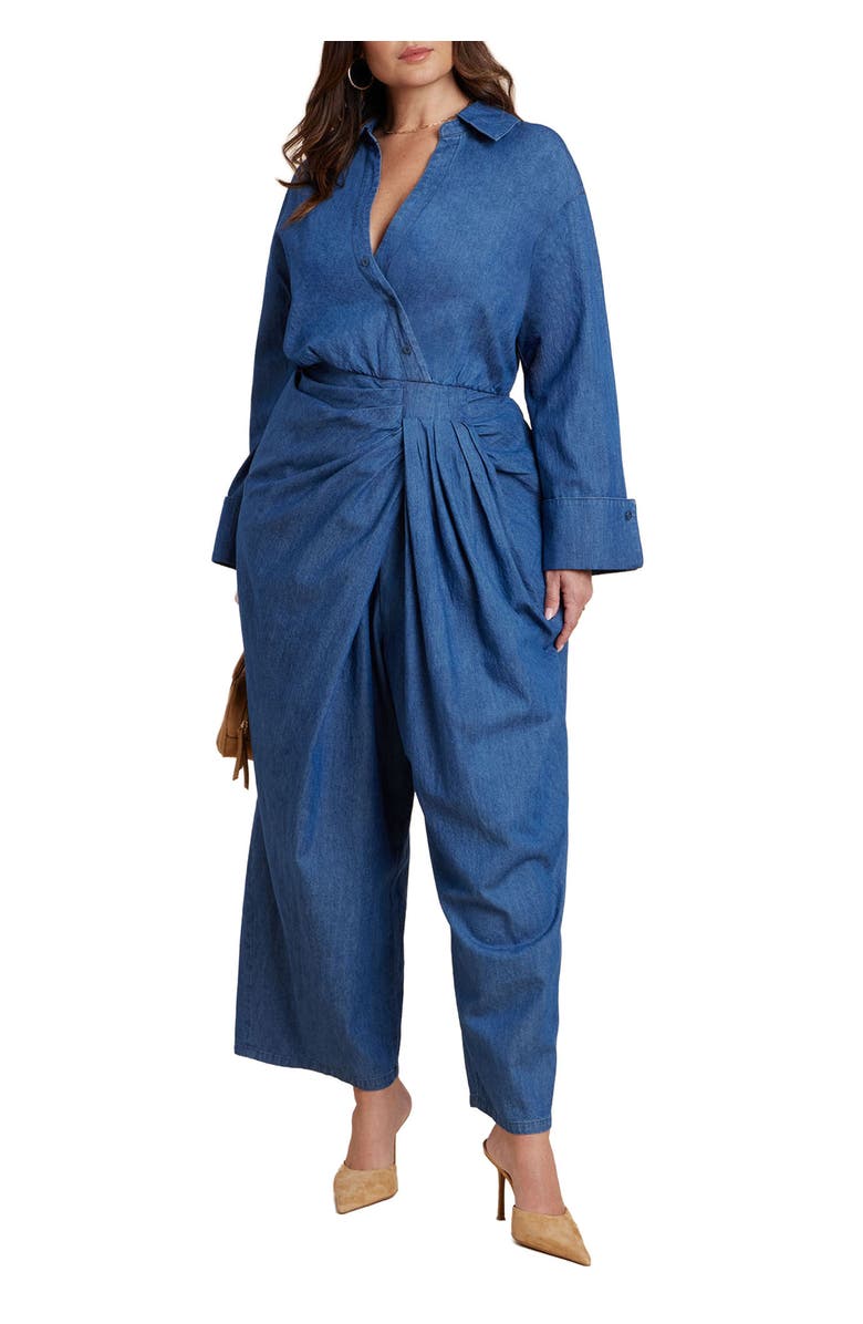 ELOQUII Chambray Pleated Jumpsuit, Main, color, Medium Wash