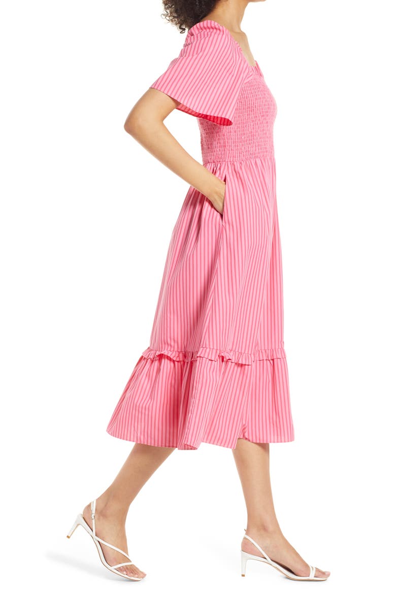 Deana Smocked Stripe Poplin Midi Dress, Alternate, color, PINK