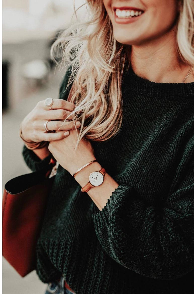 Classic Petite Leather Strap Watch, 28mm, Alternate, color, LIGHT BROWN/ WHITE/ ROSE GOLD