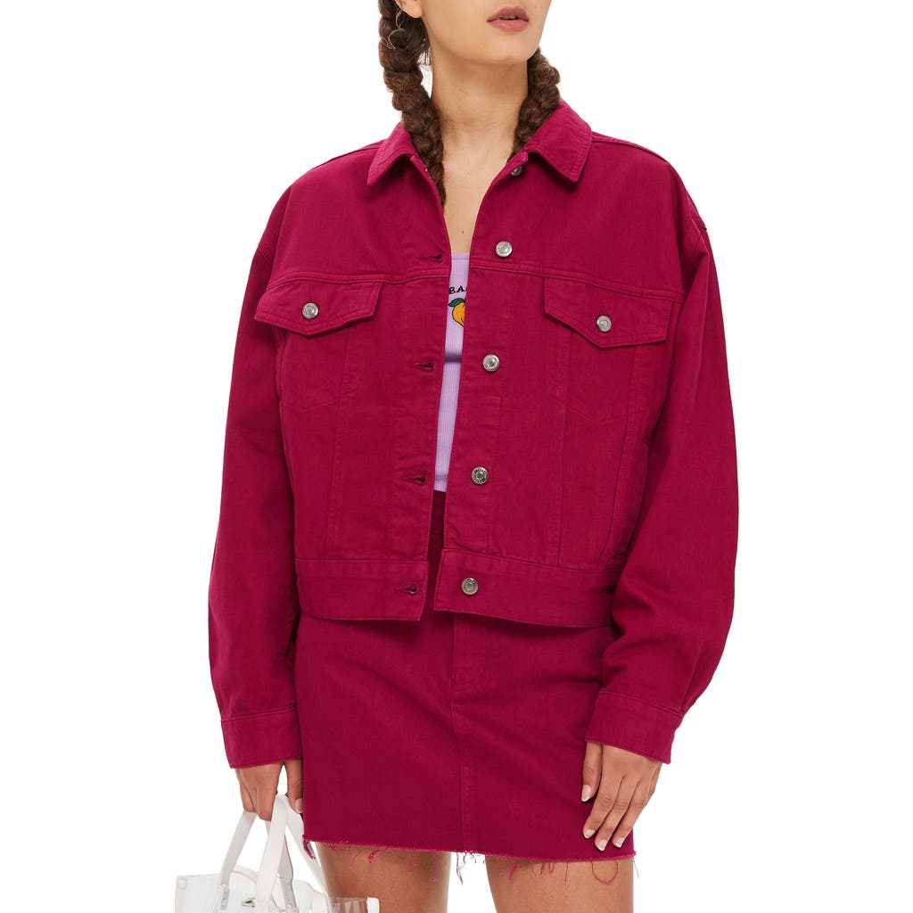 Topshop Moto Denim Jacket In Raspberry
