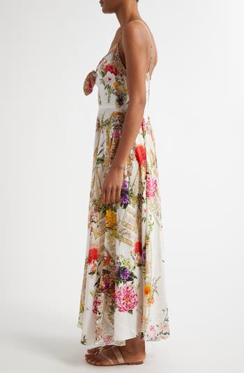 Egyptian Rose Print Tie Front Silk Maxi Dress