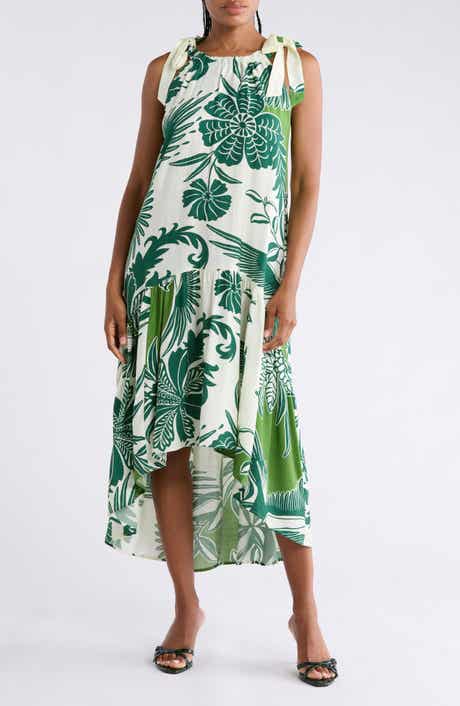 Tie Shoulder Printed High-Low Dress