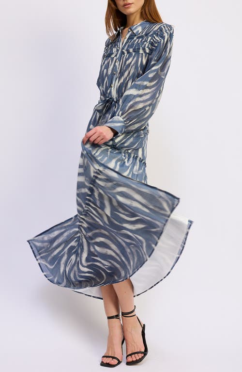 En Saison Cypress Long Sleeve Tie Belt Tiered Maxi Shirtdress In Blue