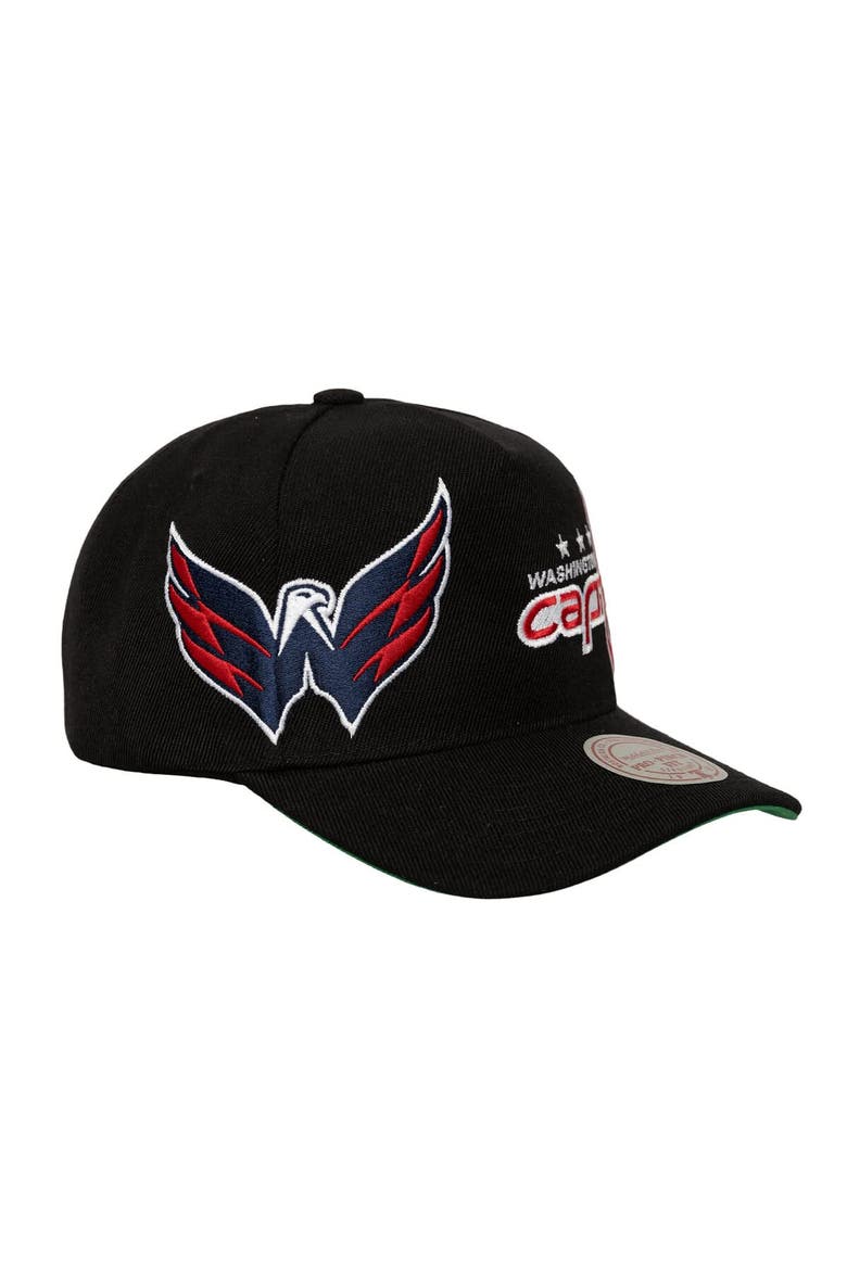 Men's Mitchell & Ness  Black Washington Capitals Busted Logo Wordmark Wrap-Around Pro Pinch Adjustable Hat, Alternate, color, Black