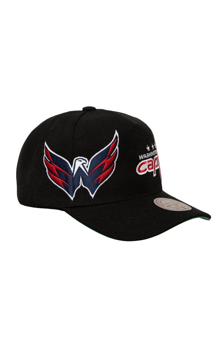 Mitchell & Ness Men's Mitchell & Ness Black Washington Capitals Busted Logo Wordmark Wrap-Around Pro Pinch Adjustable Hat, Alternate, color, Black