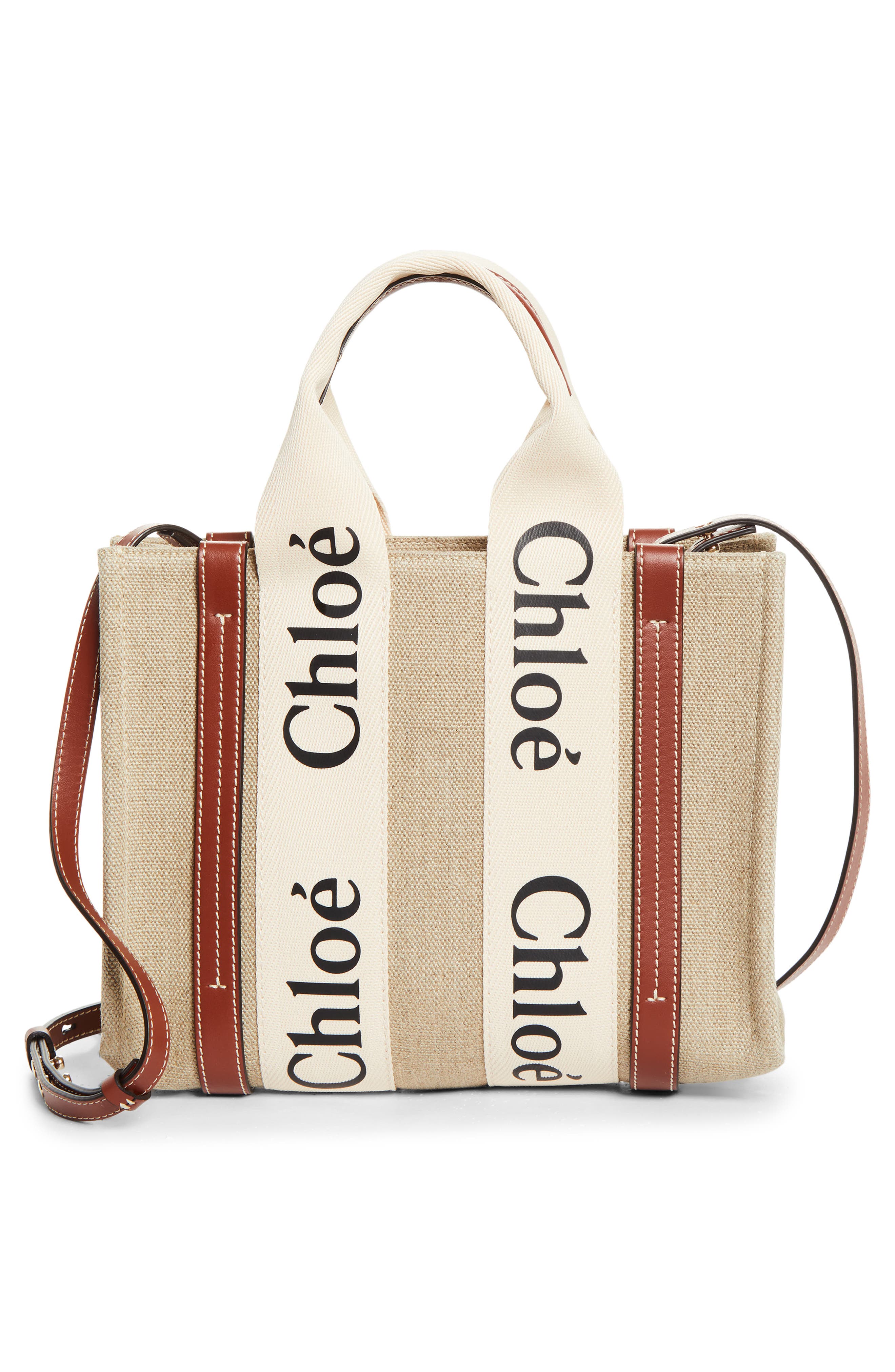 Chloé Small Woody Logo Strap Linen Tote, Alternate, color, White - Brown