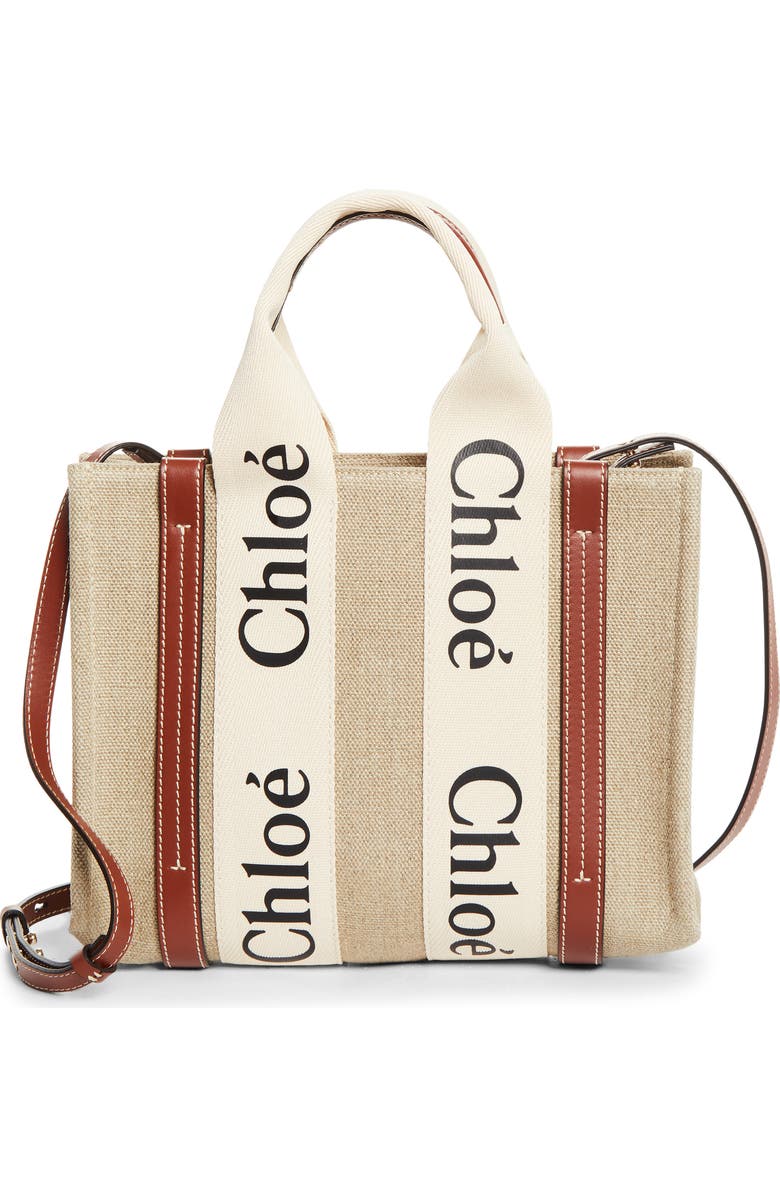 Chloé Small Woody Logo Strap Linen Tote, Alternate, color, White - Brown