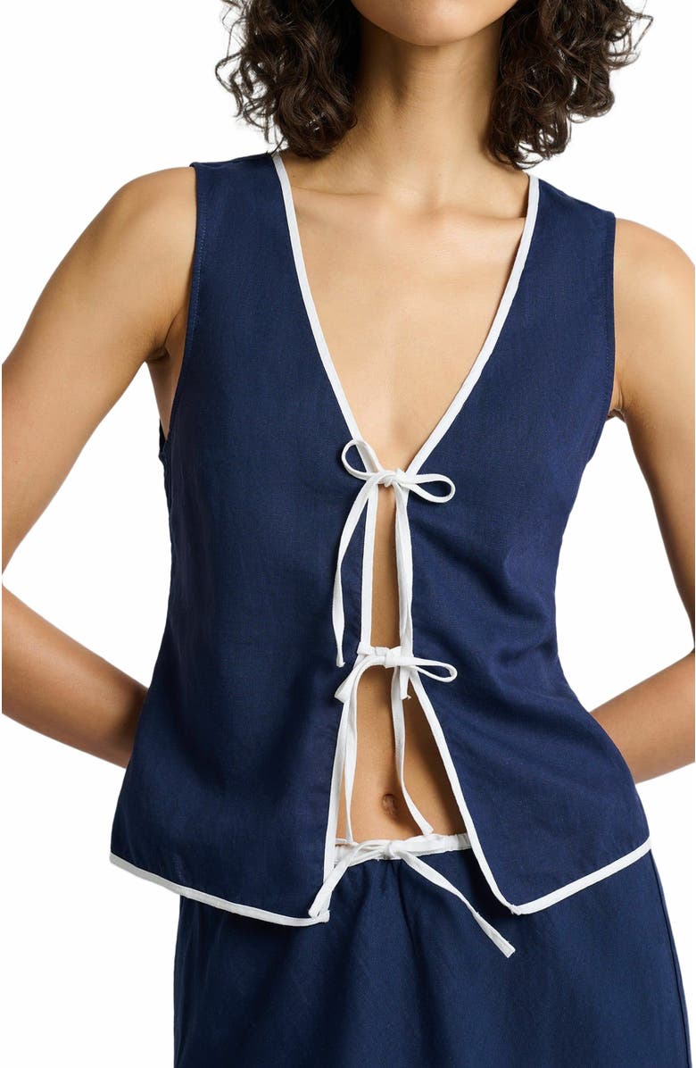 Onia Air Linen Tie Front Tank, Alternate, color, Deep Navy/White